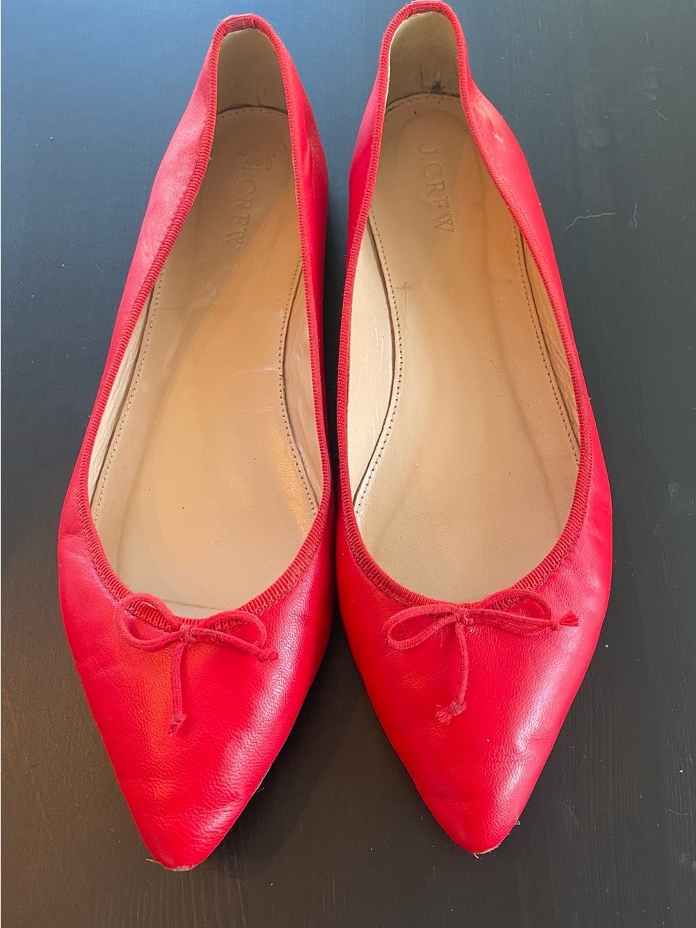 J. Crew Red Pointed Leather Ballet Flats with Bow